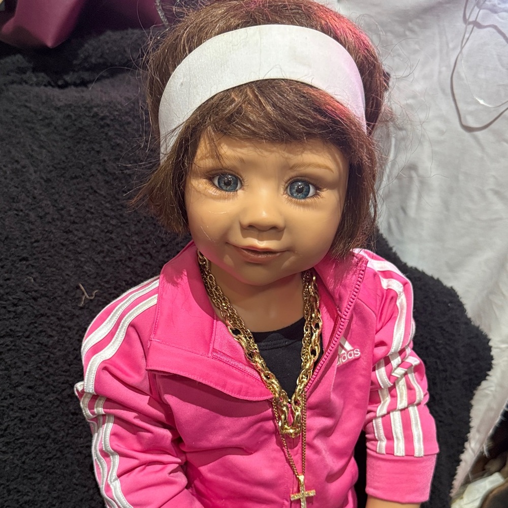 Custom Novelty Adidas Doll in Pink Tracksuit with White Headband